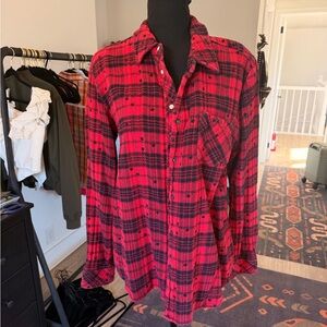 Idyllwind Red and Black Plaid Star Detail Women's Button Down Shirt